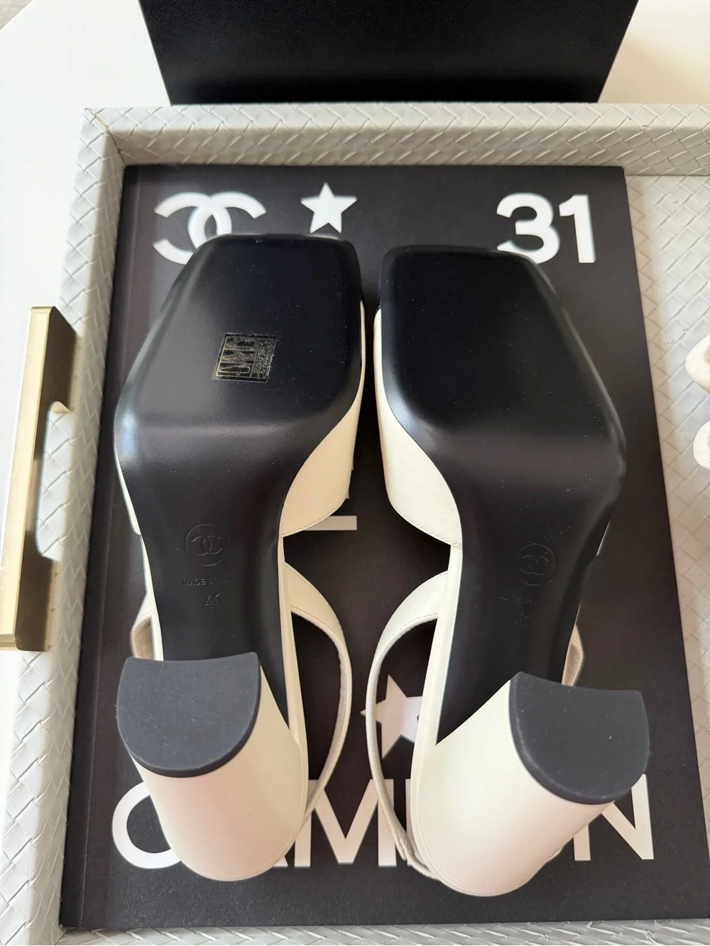 Chanel 26S Blazy Ivory Ecru Black Square Cap Toe Sling CC Slingback Heel Pump 40